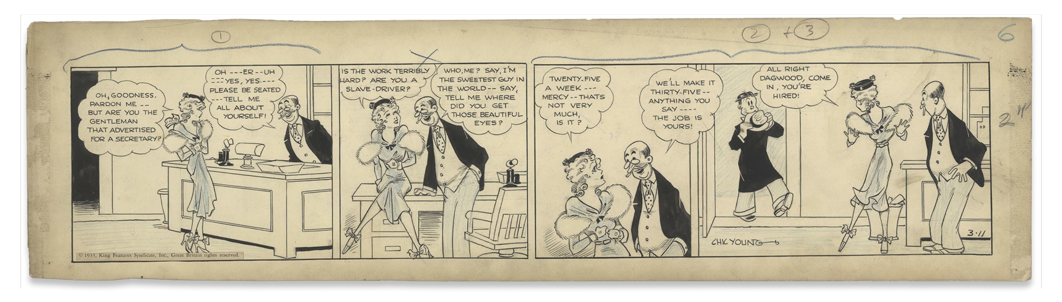 Chic Young Hand-Drawn ''Blondie'' Comic Strip From 1933 Titled ''The Advance Guard'' -- Blondie Helps Dagwood Get a Job